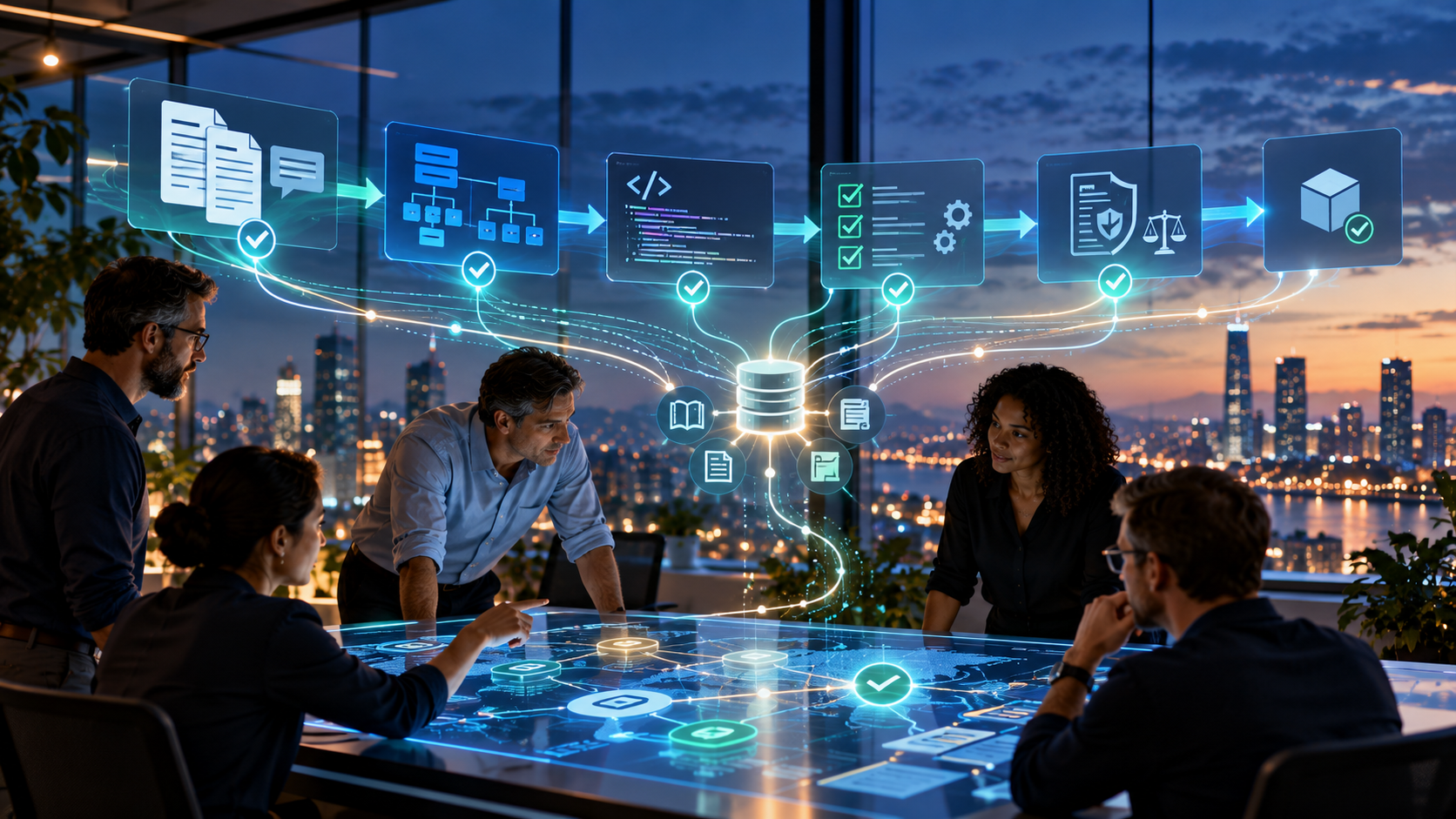 Illustration of a diverse engineering team reviewing an AI-assisted software delivery pipeline, with requirements, code, testing and governance connected above a shared knowledge hub