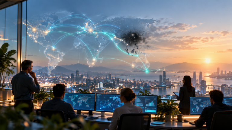 An international operations team monitoring a connected city at dawn as a network disruption is routed around, representing AI continuity and operational resilience